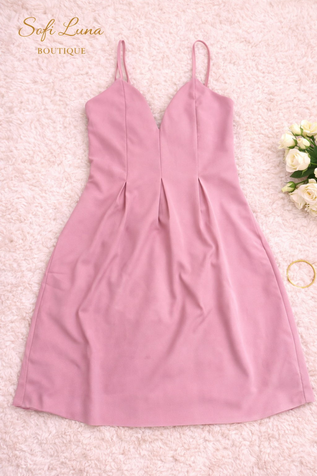 Pleated V-neck Mini Dress