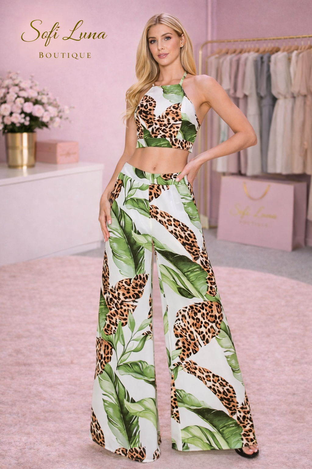 White Leaf Leopard Pant set