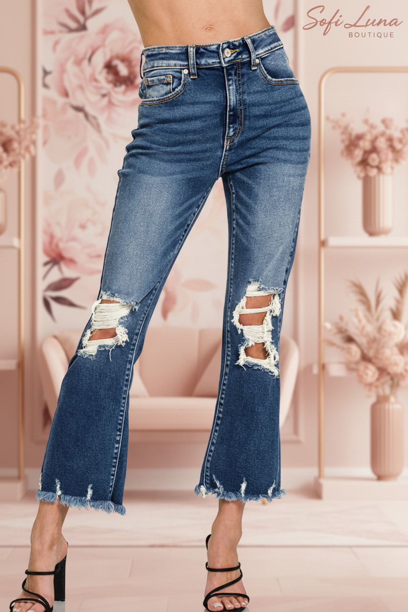 DISTRESSED KNEE AND HEM DENIM PANTS