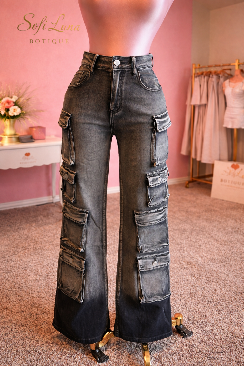 High-Rise Multi Pocket Cargo Jeans
