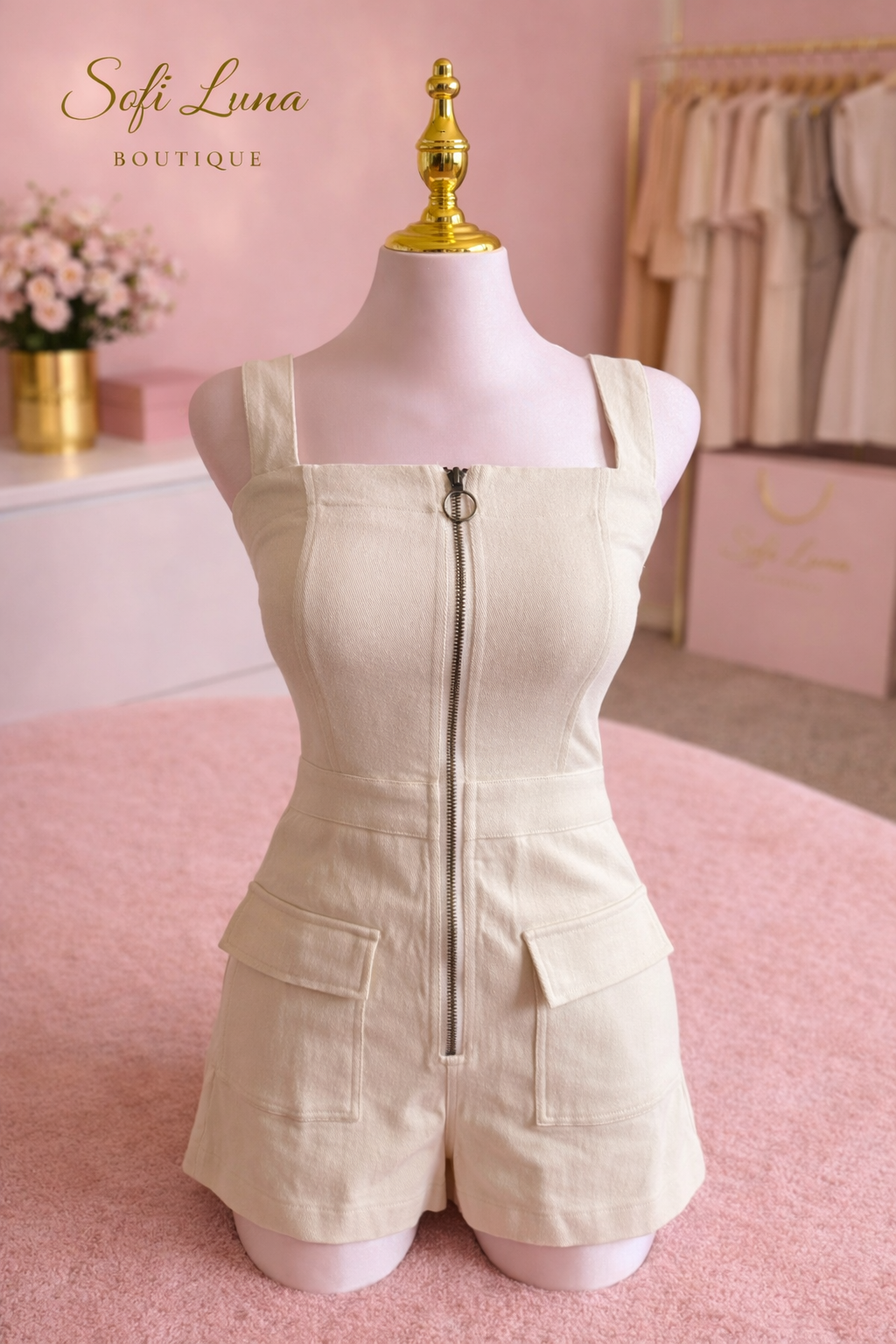 Square Neck Front Zip Denim Romper