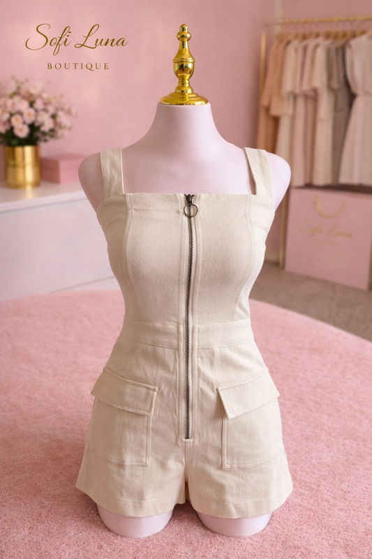 Square Neck Front Zip Denim Romper