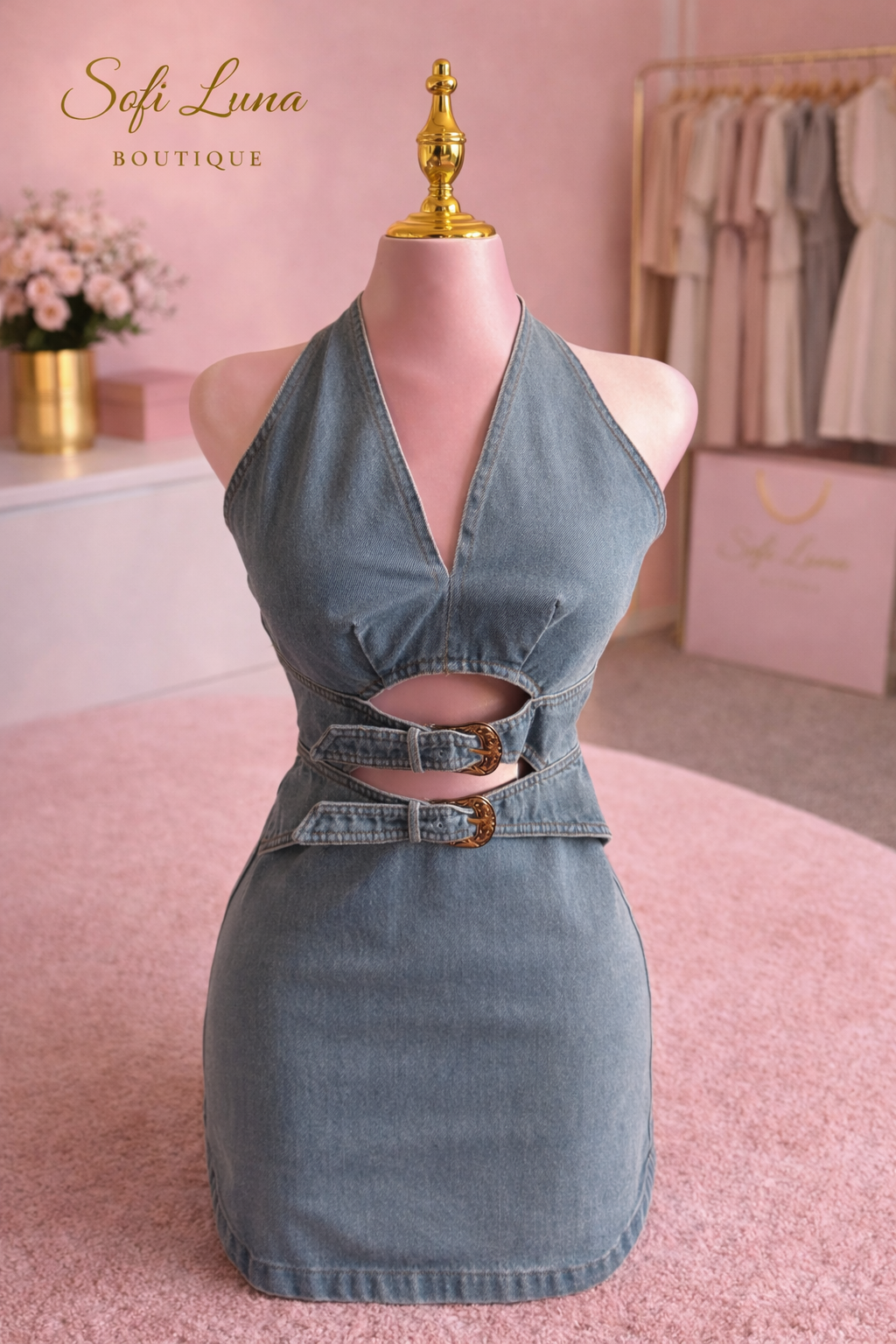 Halter Denim Dress w/ Metal Buckle