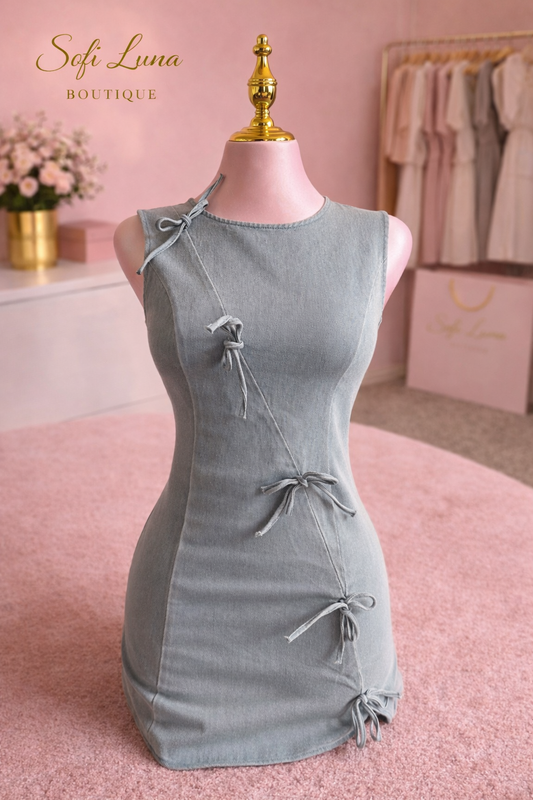 Denim Sleeveless Dress w/ Bow Ties