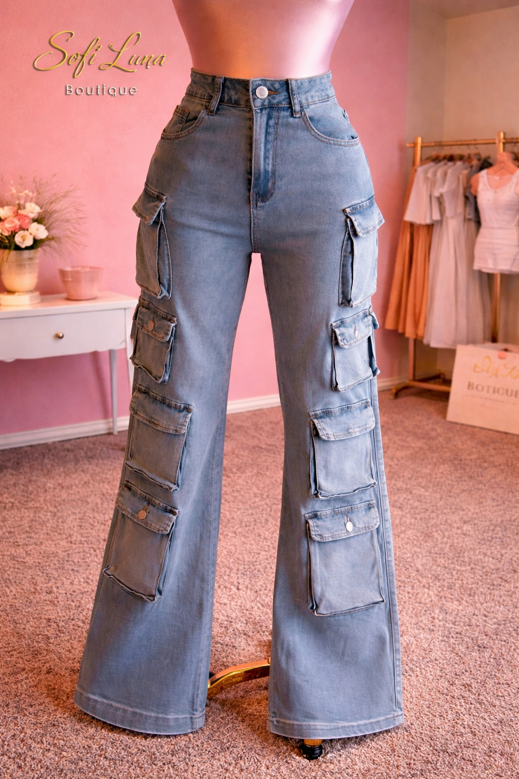 High-Rise Multi Pocket Cargo Jeans