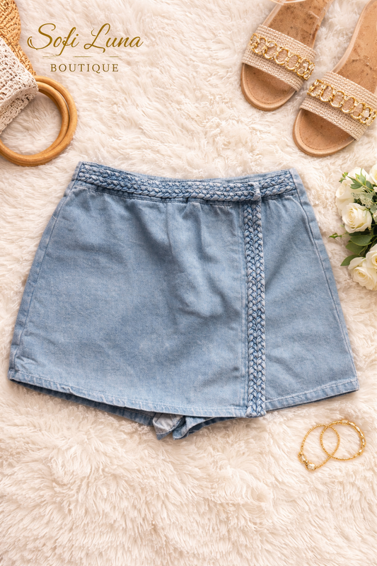 Denim Asymmetrical Wrap Denim Skort w/ Braid Detail